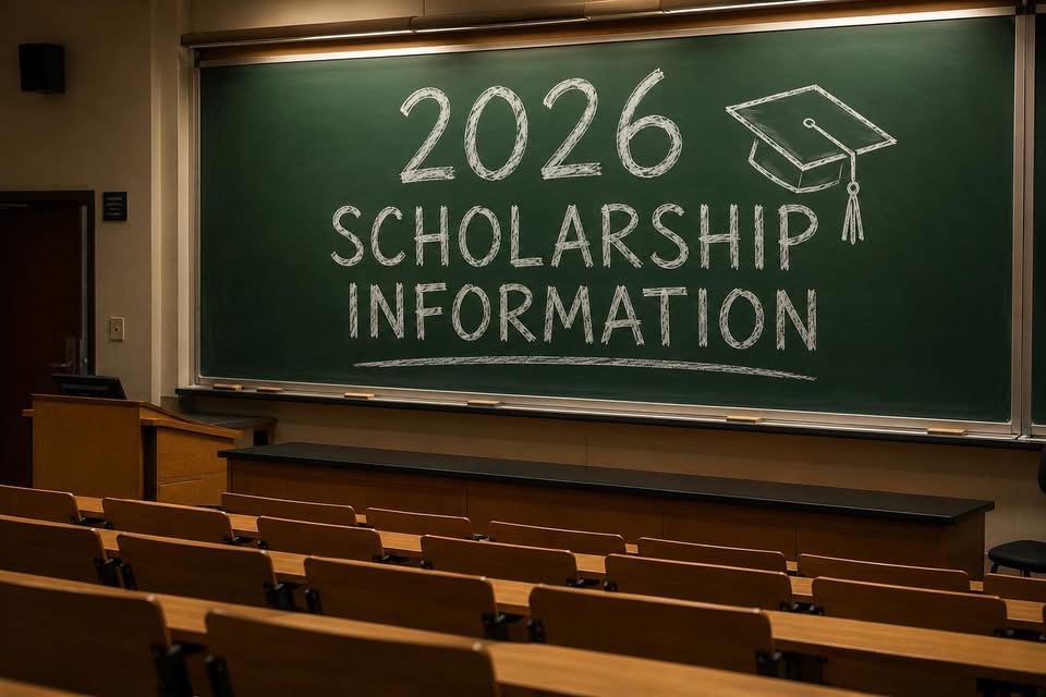 2026 scholarship information written on a classroom chalkboard